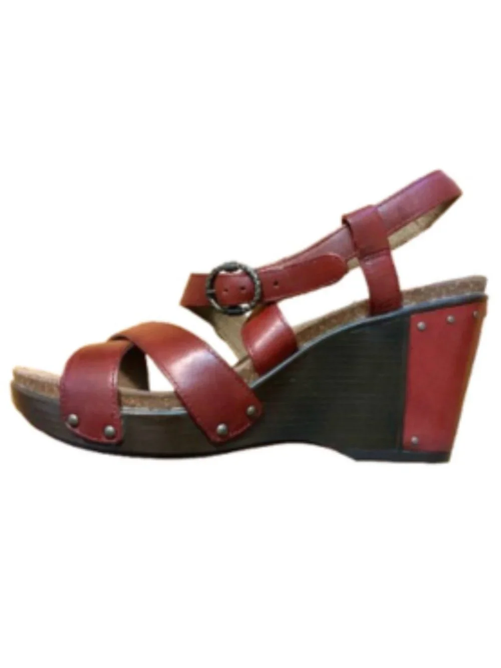 Dansko Red Leather Strappy Cork Wedge Sandals Clogs Studded Size 40 (US 9.5-10)
